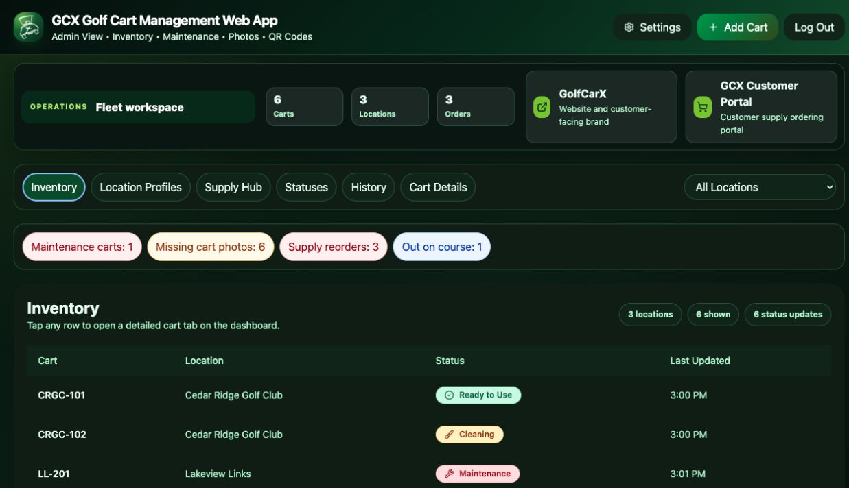 GCX prototype fleet workspace showing cart inventory, status alerts, and multi-location filters